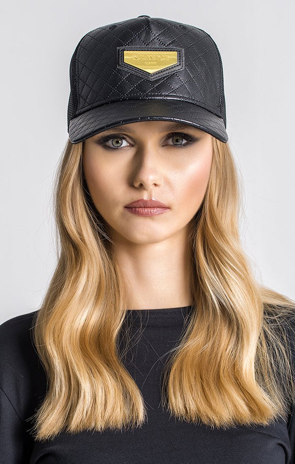 Black GK Faux Leather Quilted Cap